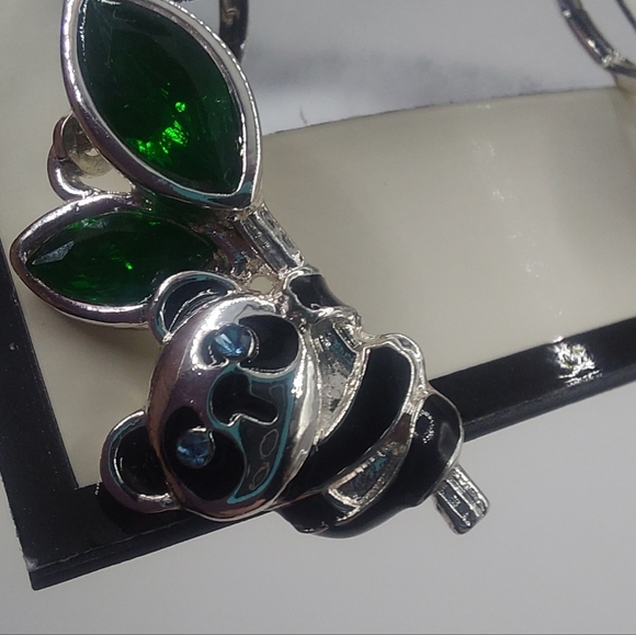 Napier Silver Tone Simulated Crystal Enamel Panda Earrings - Picture 13 of 14